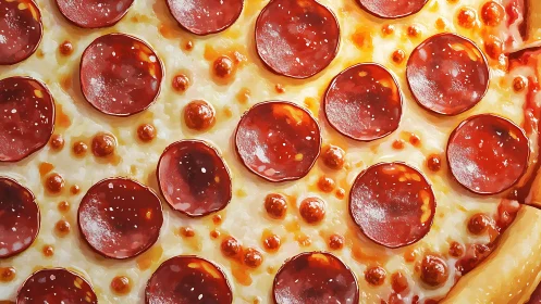 Pepperoni pizza close-up rendered with glossy digital brushwork.