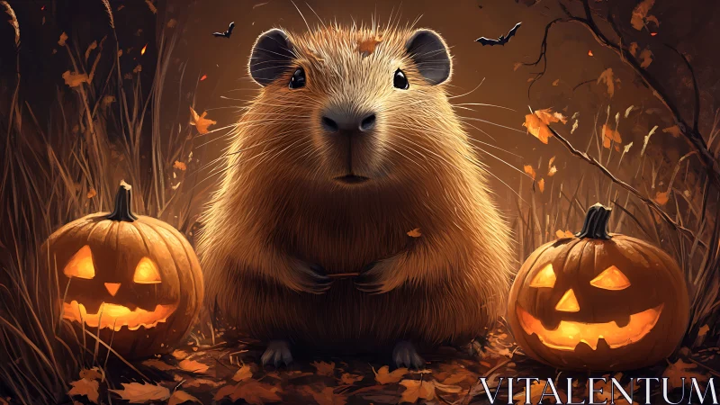 Rodent centered between carved pumpkins at dusk.