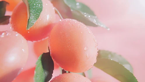 Ripe dewy peaches glow under soft pastel sunrise light.