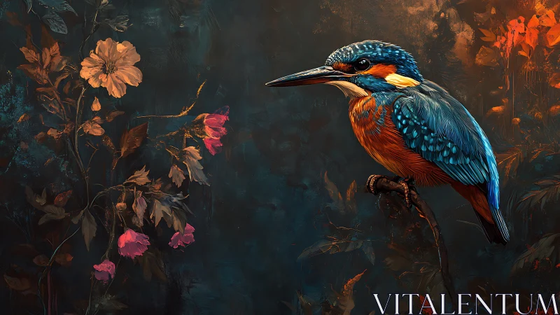 Vibrant Kingfisher Perched Amidst Flowers in Artistic Illustration.
