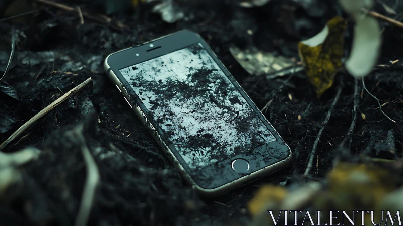 Smartphone lies on damp soil reflecting overhead tree branches