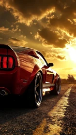 Red muscle car stands on empty road under blazing sunset sky