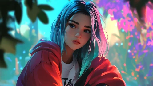 Dreamy blue‑haired girl resting in neon forest glow.