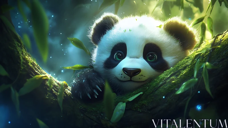 Young panda rendered in stylized forest environment.