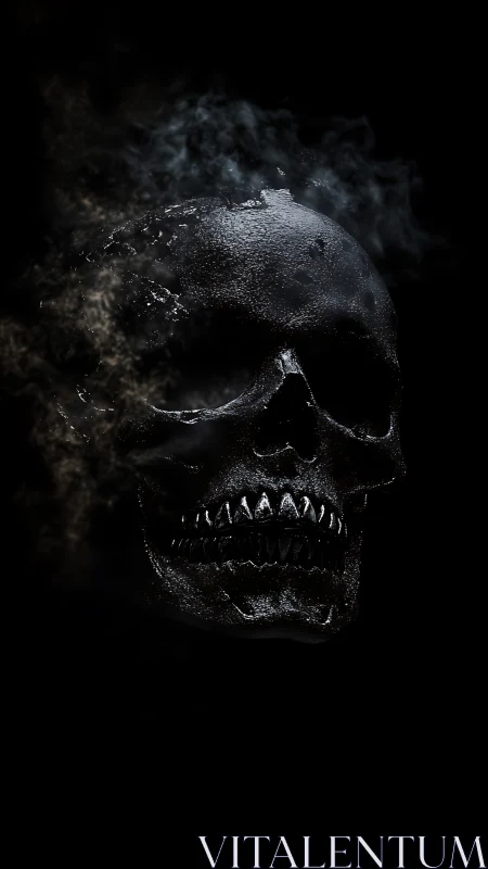 Smoldering obsidian skull grinning through haunted smoke.