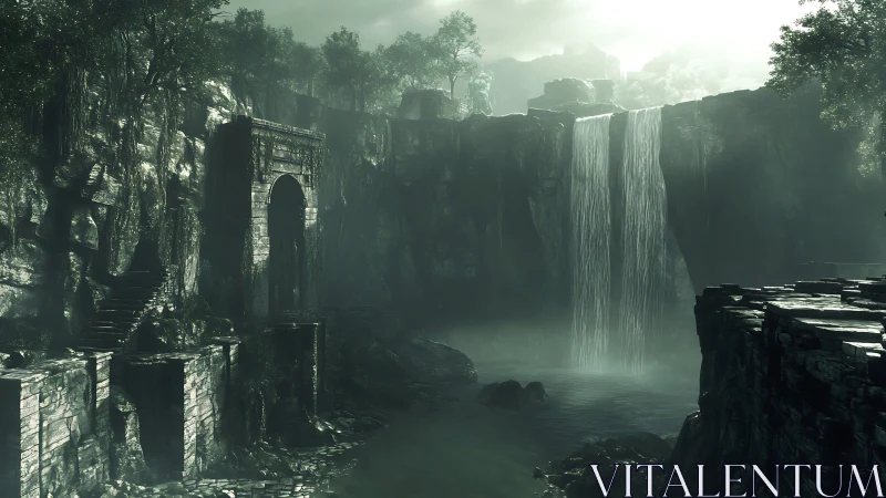 Ancient stone ruins by misty waterfall in deep gorge.