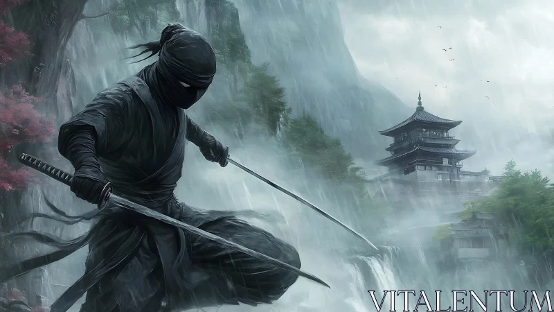 Stealthy ninja warrior poised by misty mountain temple.
