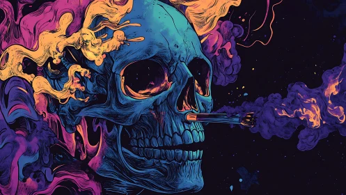 Neon human skull with smoking cigarette in abstract vapor.