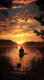 Kayaker silhouettes glide across blazing orange sunset lake
