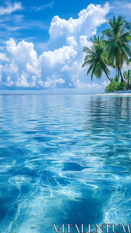 Tropical lagoon water reflects palm shore under bright sky
