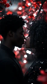 Intimate Kiss, Red Bokeh Lights Surround Silhouetted Couple.
