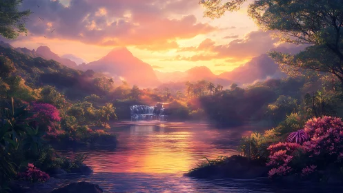 Sunset over tropical river with distant waterfalls and peaks.