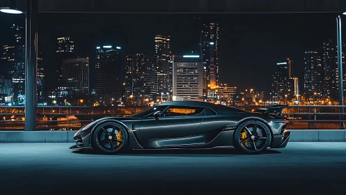Midnight hypercar profile framed by illuminated urban skyline.