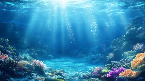 Subsurface coral reef basin under volumetric caustic sunlight.