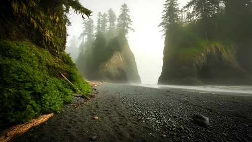 Misty coastal path leading to a hidden forest gateway.