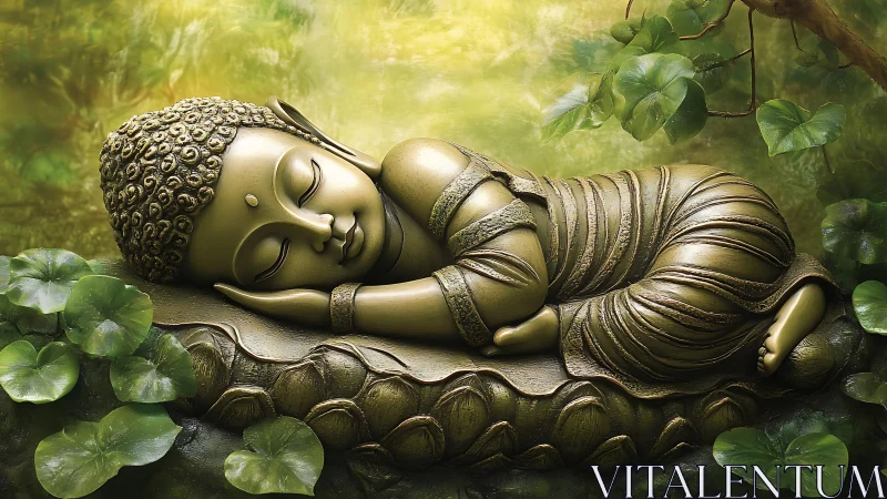 Peaceful sleeping Buddha statue rests in lush green garden