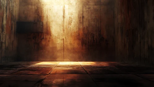 Sunlit section cuts across worn concrete interior floor