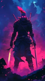 Neon-lit dual-blade warrior in dramatic vertical composition.