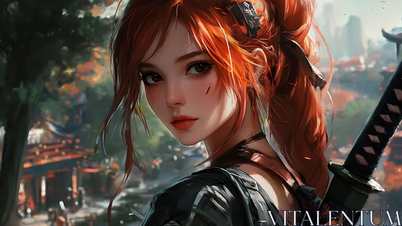 Red haired katana warrior in sunlit neo feudal cityscape
