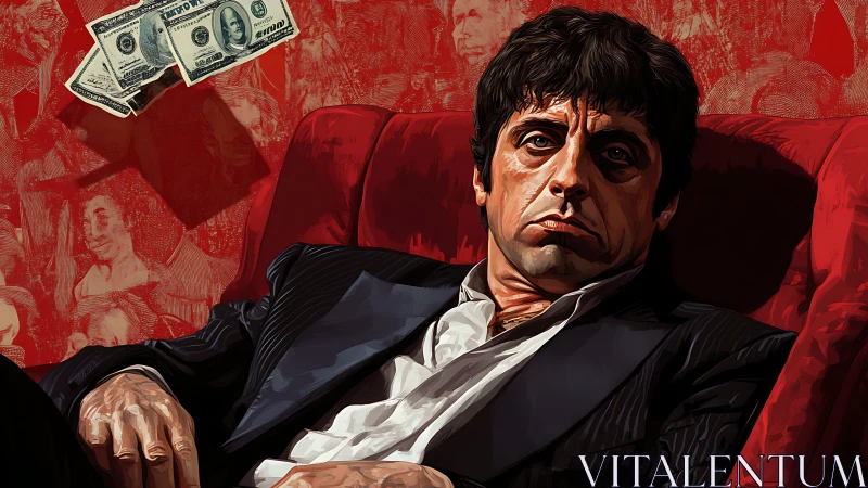 Cinematic digital portrait of suited man on red armchair.