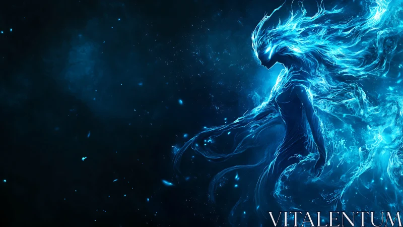 Luminescent cosmic spirit emerges from swirling blue energy