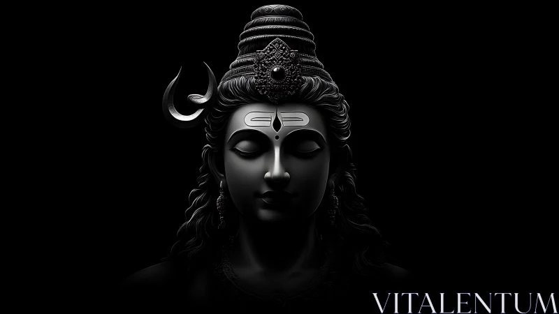 Dark monochrome portrait of Shiva with crescent moon detail.