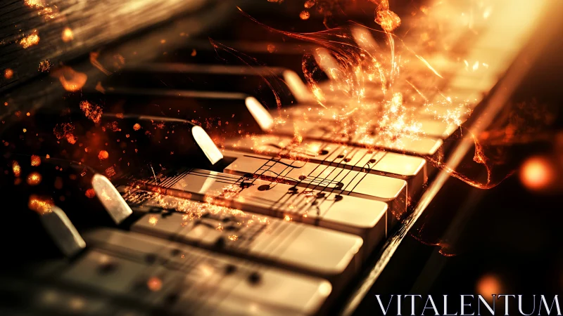 Glowing piano keys ignite swirling golden musical flames.