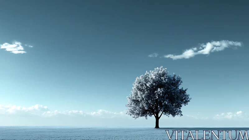 Solitary Tree in Frosty Field Under Clear Blue Skies, Minimalist Style.
