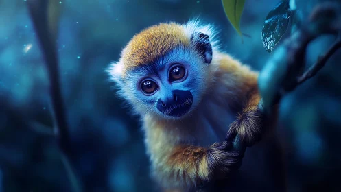 Golden-furred baby monkey in glowing blue forest night.