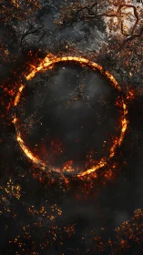 Radiant Fire Ring Against Dark Forest: Luminous Circular Combustion Portal