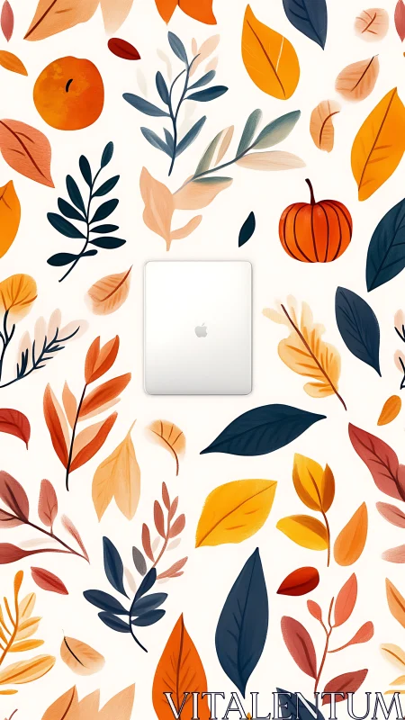Minimal laptop centered in bold autumn leaf pattern background.