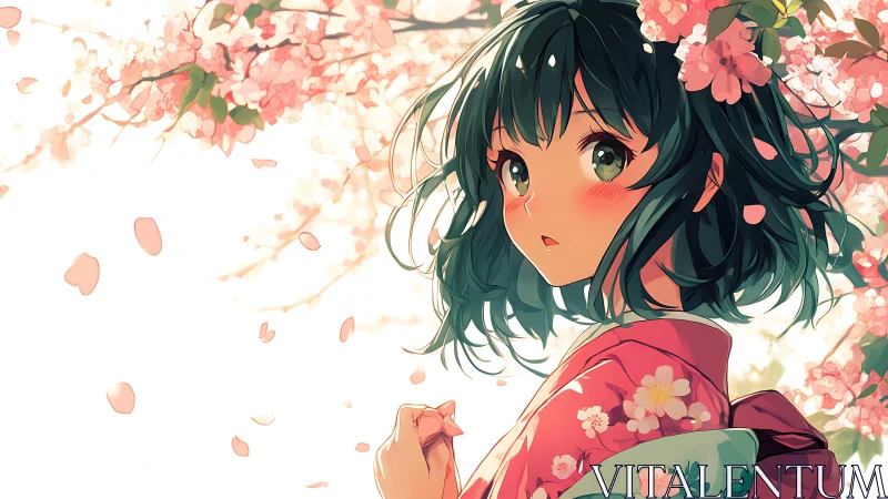 Girl in kimono stands under cherry blossoms in soft light