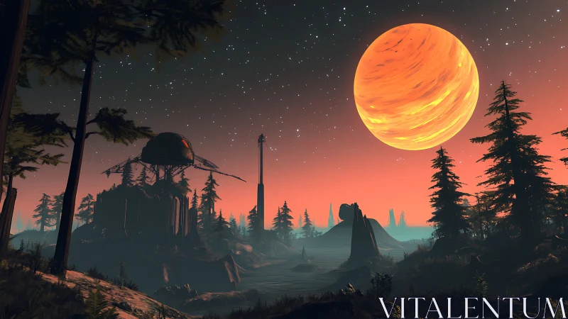 Alien forest landscape under large orange planet at dusk.