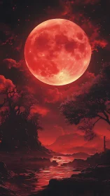 Blood-red supermoon dominates a nocturnal alien river valley