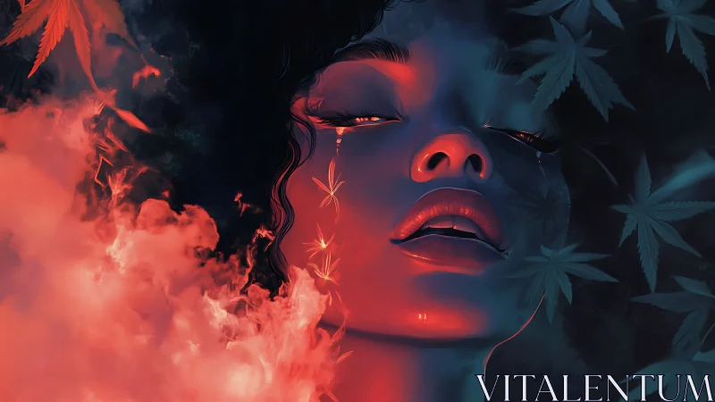 Woman&rsquo;s illuminated face emerges through red smoke and leaves