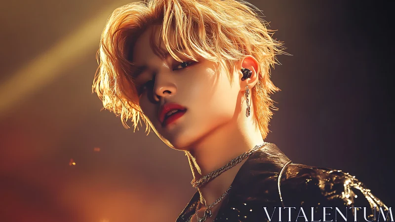 Digital portrait of blond singer under warm stage lighting.