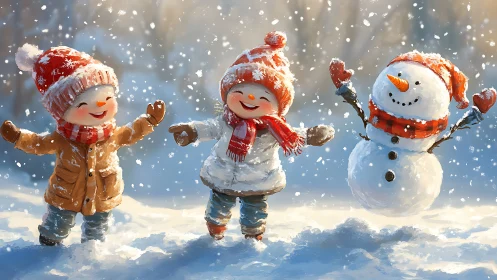 Snow-kissed kids and a jubilant snowman in swirling sparkle.