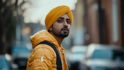 Street portrait with yellow turban and quilted jacket.