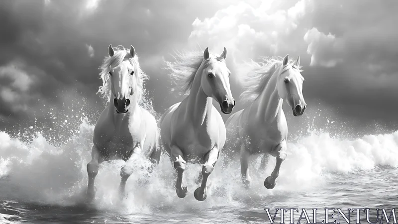 Three white horses run through ocean surf under cloudy sky