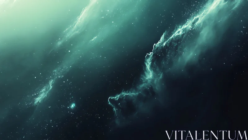 Teal cosmic nebula cloud with scattered distant stars.