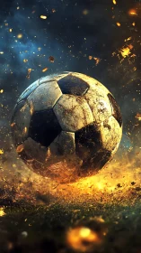 Blazing soccer ball erupts from turf in sparks and stormlight.