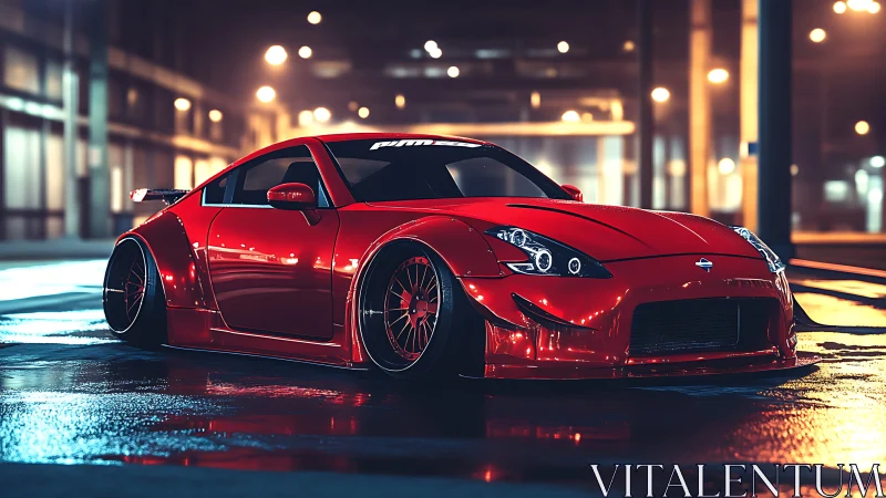Red widebody sports car glows under urban night lights