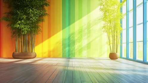 Sunlit bamboo whispers in a striped rainbow studio interior.