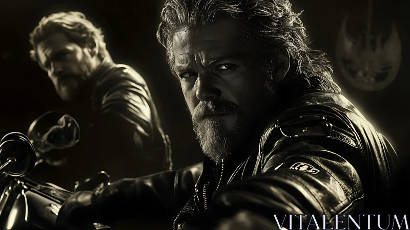 Brooding biker portrait under cinematic low-key light.