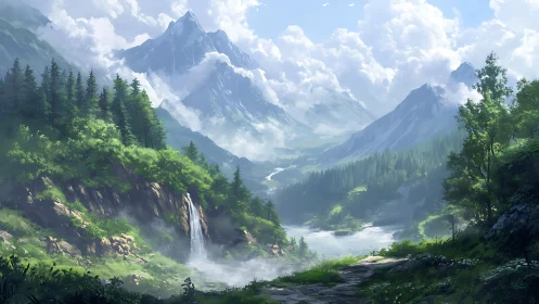 Mountain valley landscape with waterfall and river.