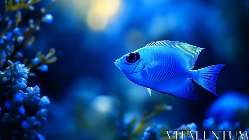Blue tropical fish swims in sharp focus against coral reef