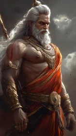 Mythic warrior stands beneath stormy skies in blazing gold