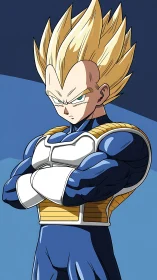 Stoic cosmic warrior with gravity-defying golden hair.