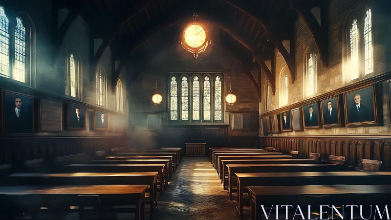 Sunlit hall of solemn portraits in a hush of amber dust.