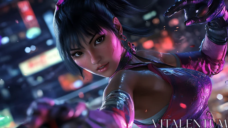 Neon-lit martial artist heroine in dynamic close combat pose